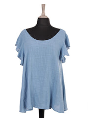 Italian Frilled Sleeves Smocked Back Flared Top - Denim