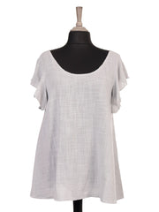 Italian Frilled Sleeves Smocked Back Flared Top - Light Grey