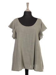 Italian Frilled Sleeves Smocked Back Flared Top - Khaki