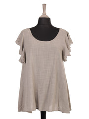 Italian Frilled Sleeves Smocked Back Flared Top - Mocha