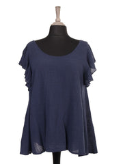 Italian Frilled Sleeves Smocked Back Flared Top - Navy