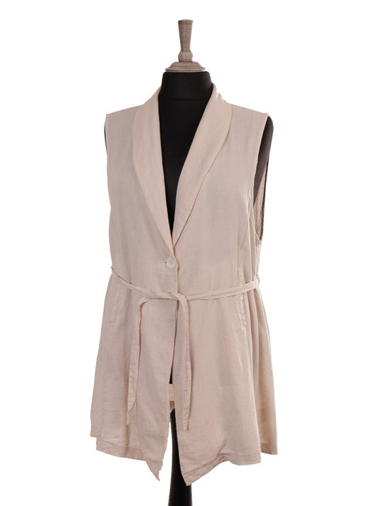 Italian Front Button Detail Collard Linen Cardigan - Beige