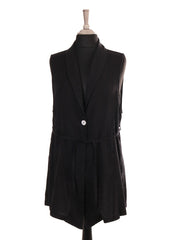 Italian Front Button Detail Collard Linen Cardigan - Black