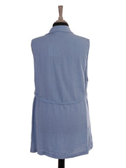 Italian Front Button Detail Collard Linen Cardigan - Denim