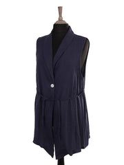 Italian Front Button Detail Collard Linen Cardigan - Navy