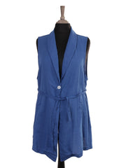 Italian Front Button Detail Collard Linen Cardigan - Royal Blue