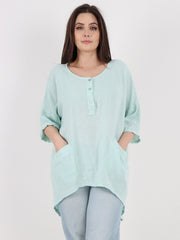 Italian Front Button Panel Detail Linen Dip Hem Top - Aqua