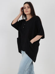 Italian Front Button Panel Detail Linen Dip Hem Top - Black