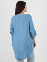 Italian Front Button Panel Detail Linen Dip Hem Top - Denim