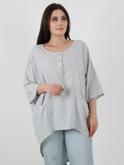 Italian Front Button Panel Detail Linen Dip Hem Top - Light Grey