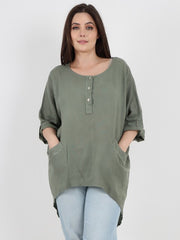 Italian Front Button Panel Detail Linen Dip Hem Top - Khaki