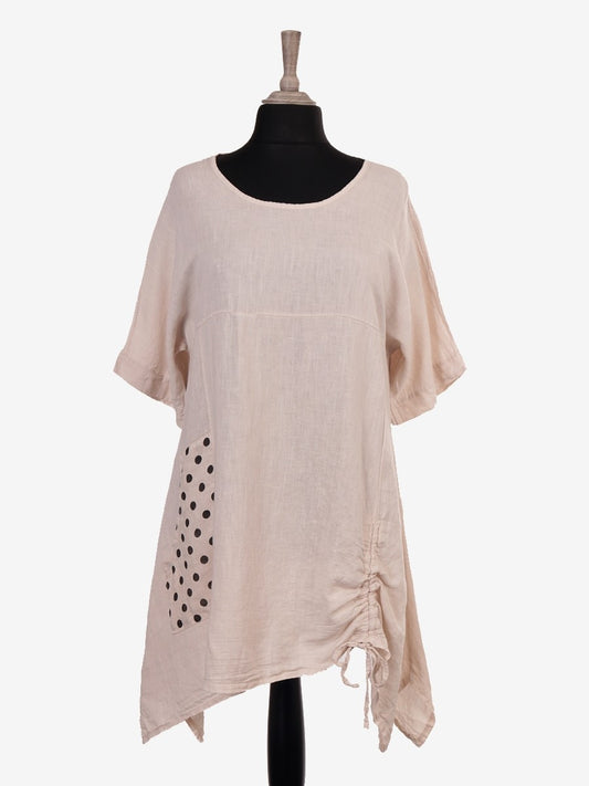 Italian Front Pocket Detail Ruched Linen Tunic Top - Beige