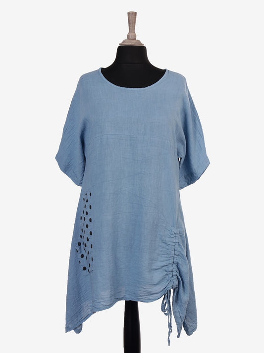 Italian Front Pocket Detail Ruched Linen Tunic Top - Denim