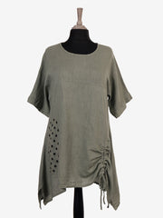 Italian Front Pocket Detail Ruched Linen Tunic Top - Khaki