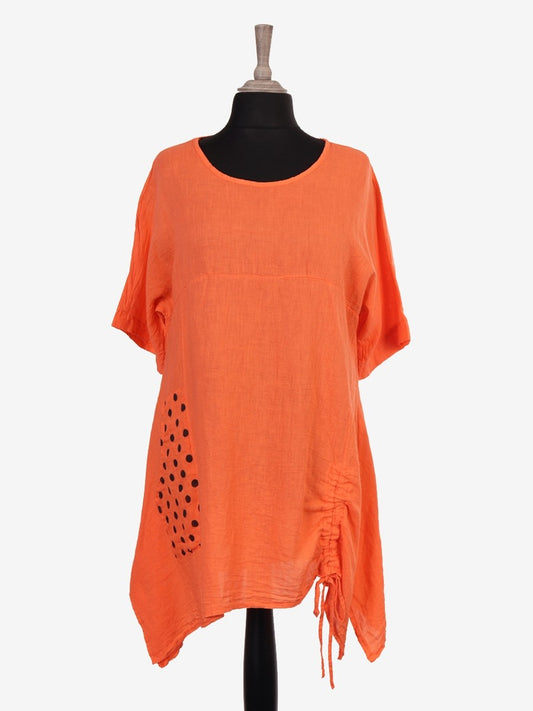 Italian Front Pocket Detail Ruched Linen Tunic Top - Orange