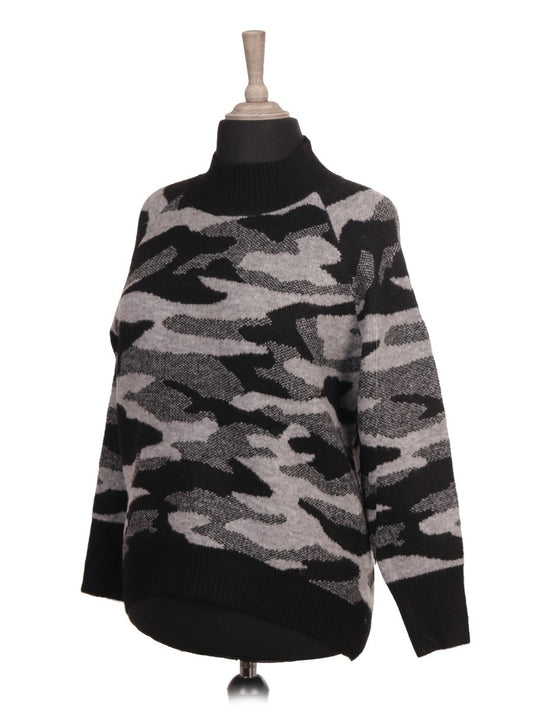 Italian Camouflage Lana Wool Dip Hem Knitted Jumper - Grey