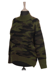 Italian Camouflage Lana Wool Dip Hem Knitted Jumper - Khaki