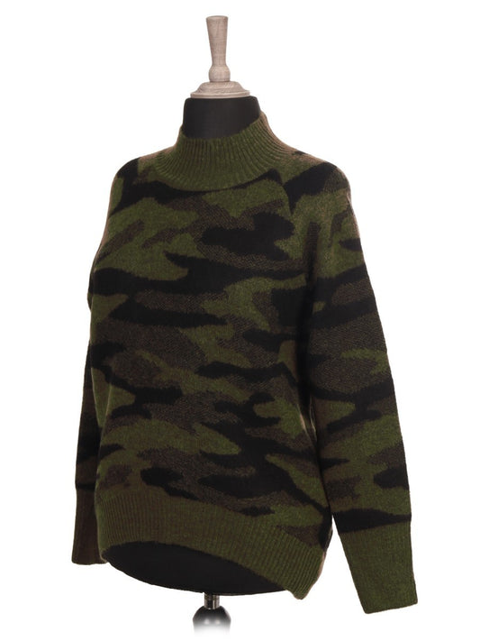 Italian Camouflage Lana Wool Dip Hem Knitted Jumper - Khaki
