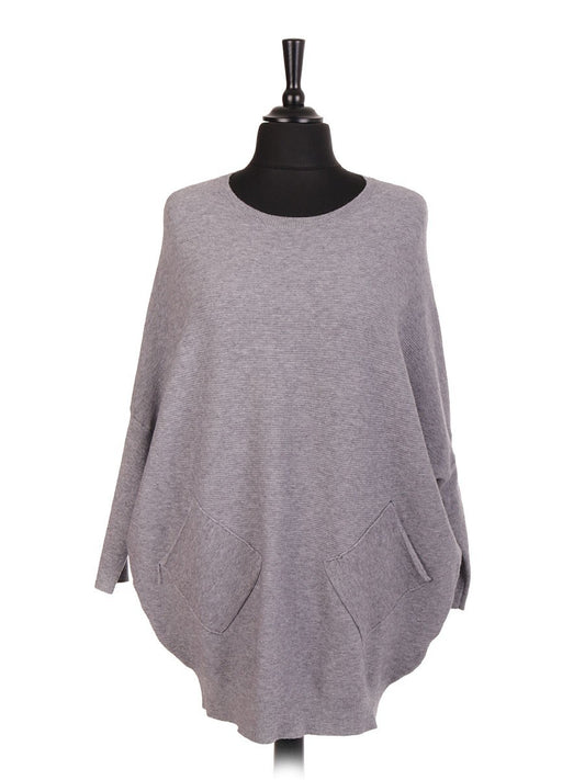 Italian Lace Back Batwing Jumper With Front Diagonal Pocket - Grey