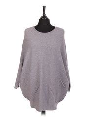 Italian Lace Back Batwing Jumper With Front Diagonal Pocket - Grey