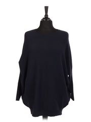 Italian Lace Back Batwing Jumper With Front Diagonal Pocket - Navy