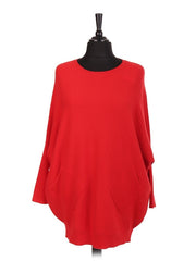 Italian Lace Back Batwing Jumper With Front Diagonal Pocket - Red