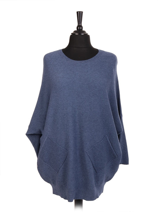 Italian Lace Back Batwing Jumper With Front Diagonal Pocket - Denim