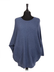 Italian Lace Back Batwing Jumper With Front Diagonal Pocket - Denim