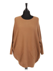 Italian Lace Back Batwing Jumper With Front Diagonal Pocket - Camel
