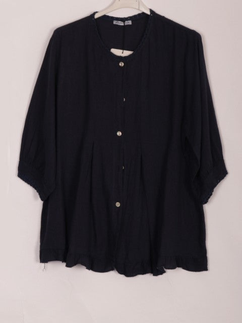 Italian Lace Detail Button Through Linen Top - Black