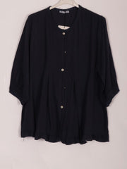 Italian Lace Detail Button Through Linen Top - Black