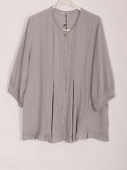 Italian Lace Detail Button Through Linen Top - Light Grey