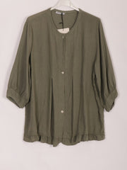 Italian Lace Detail Button Through Linen Top - Khaki