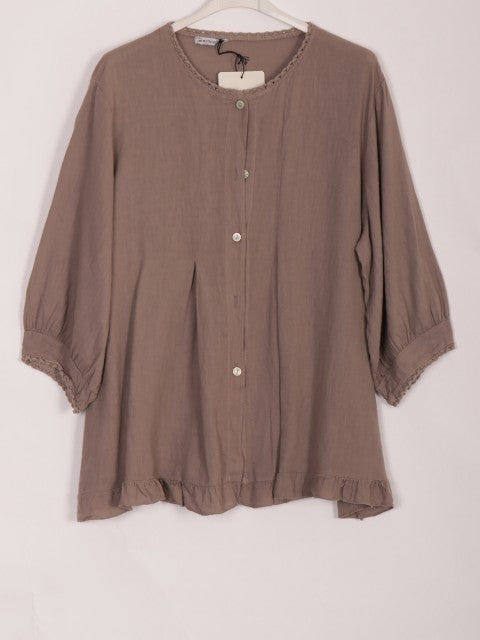 Italian Lace Detail Button Through Linen Top - Mocha