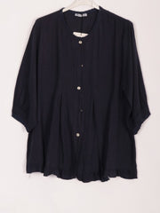 Italian Lace Detail Button Through Linen Top - Navy