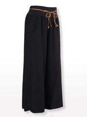 Italian Linen Rope Tie Elasticated Waist Culotte - Black