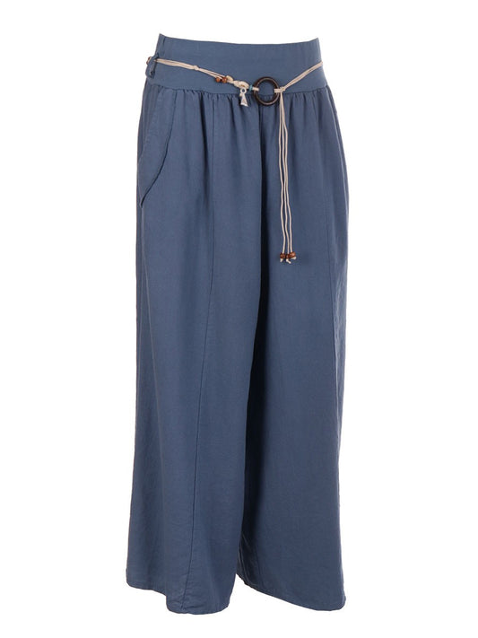 Italian Linen Rope Tie Elasticated Waist Culotte - Denim