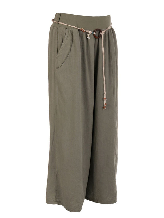 Italian Linen Rope Tie Elasticated Waist Culotte - Khaki