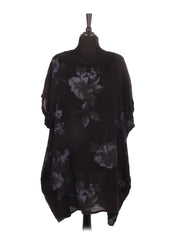 Italian Linen Floral Baggy Top - Black