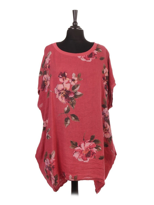 Italian Linen Floral Baggy Top - Wine