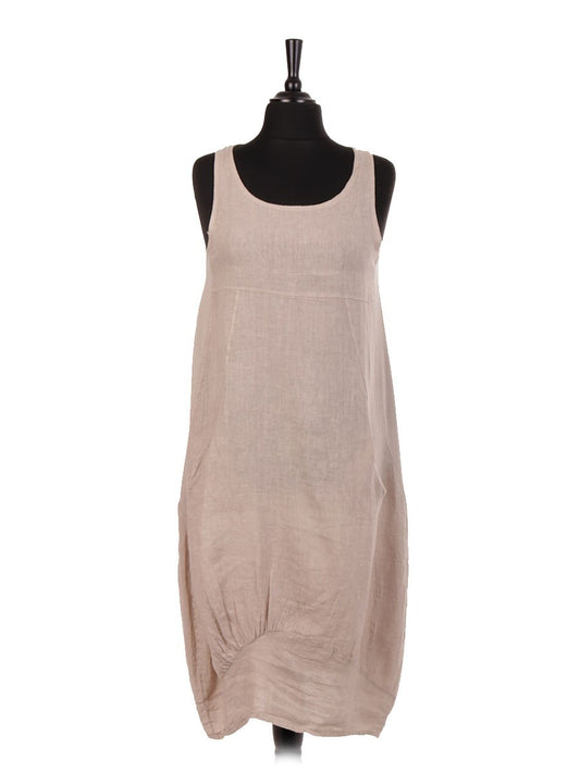 Italian Linen Lagenlook Dress With Side Ribbed Panel - Beige