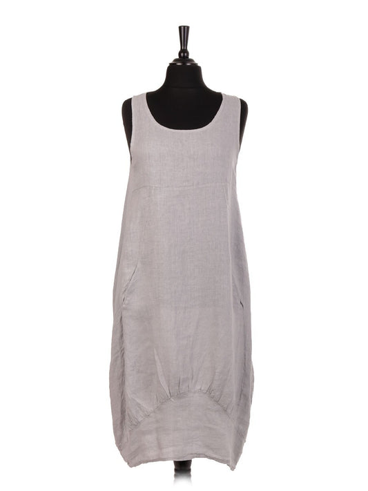 Italian Linen Lagenlook Dress With Side Ribbed Panel - Light Grey