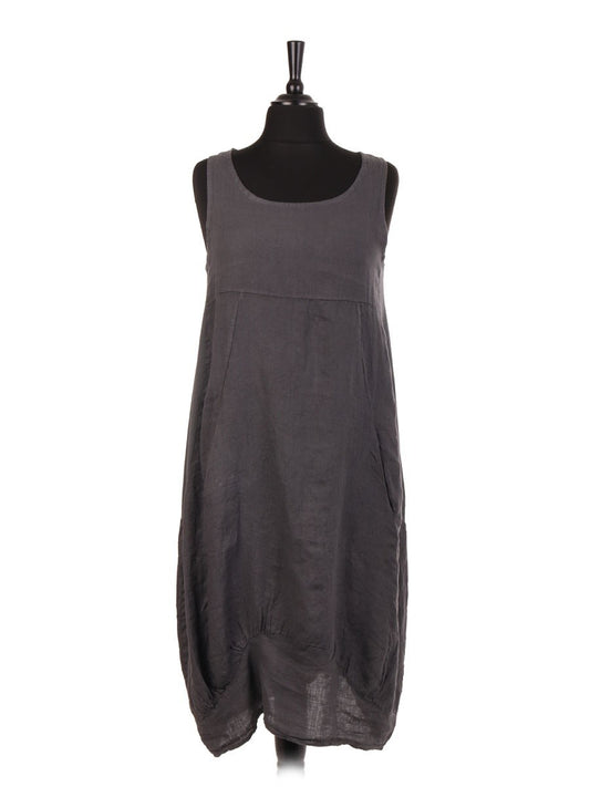 Italian Linen Lagenlook Dress With Side Ribbed Panel - Charcoal