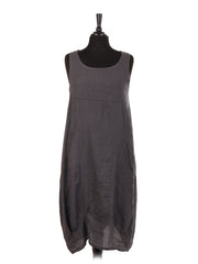 Italian Linen Lagenlook Dress With Side Ribbed Panel - Charcoal