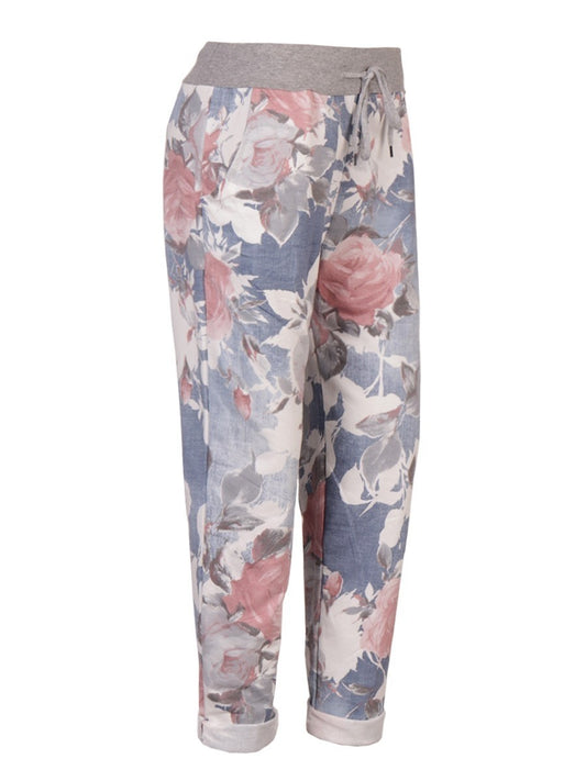 Italian Made Floral Print Cotton Trousers - Light Denim