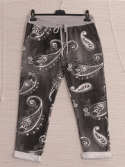 Italian Paisley Print Cotton Trousers - Black