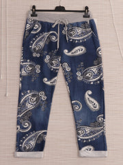 Italian Paisley Print Cotton Trousers - Denim
