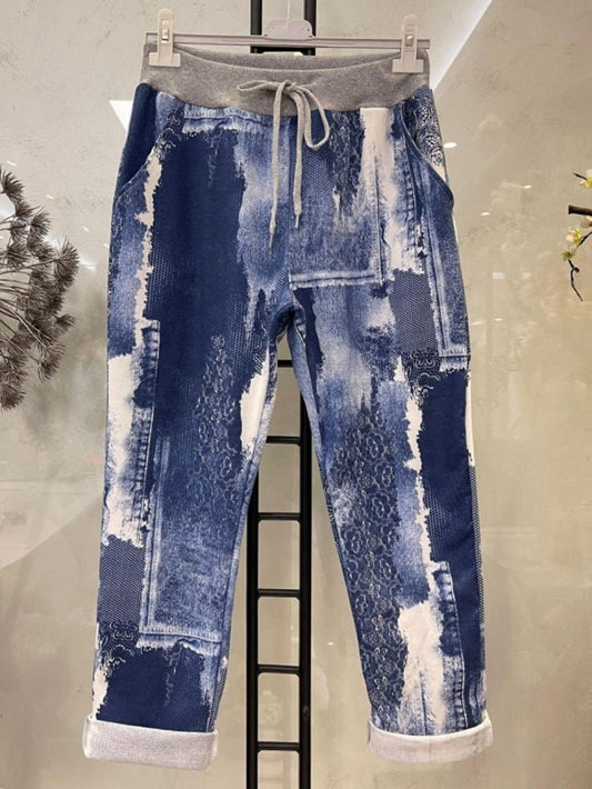 Italian Patch Work Printed Cotton Trouser - Denim