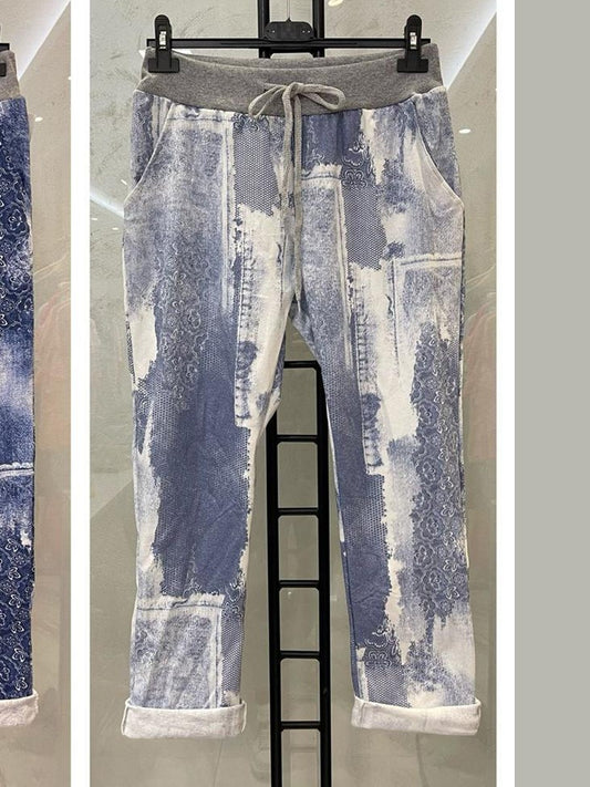 Italian Patch Work Printed Cotton Trouser - Light Denim
