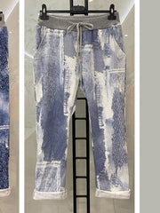 Italian Patch Work Printed Cotton Trouser - Light Denim